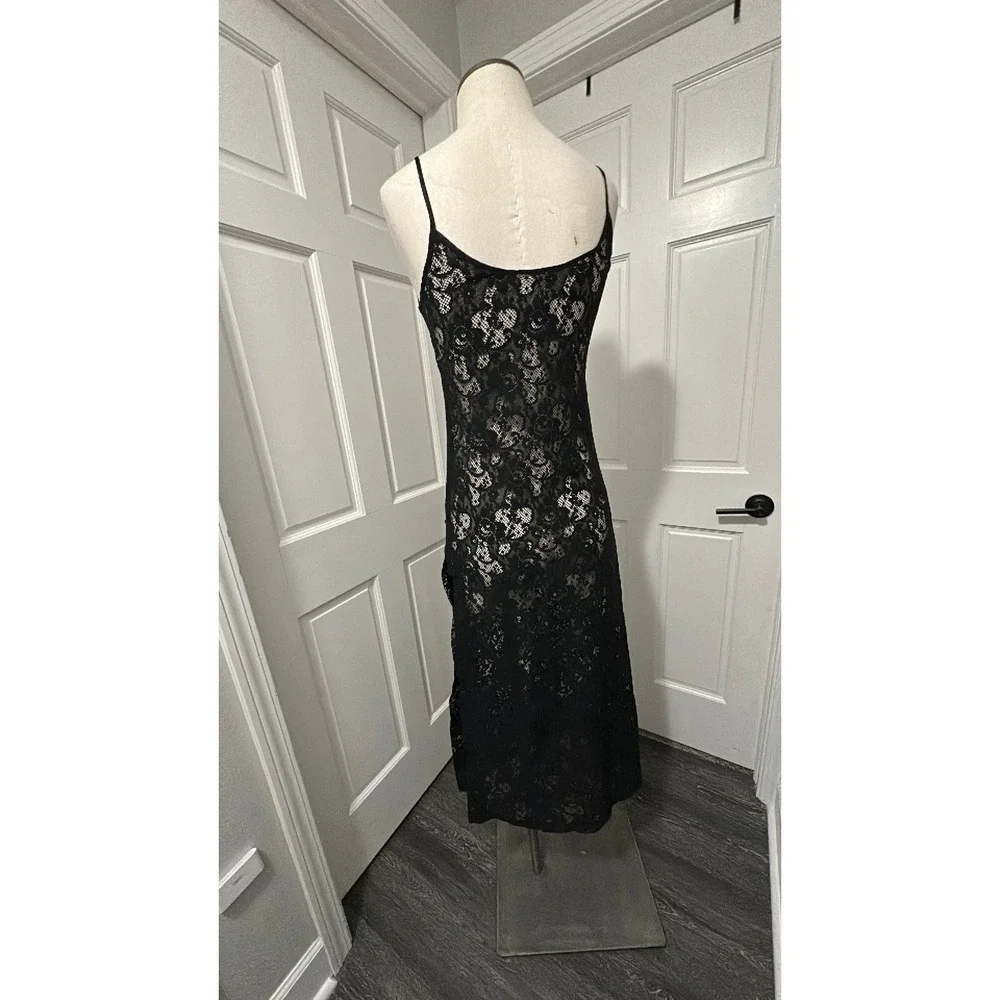 Vintage Victoria's Secret Black Lace Slip Dress Midi Side Slit Small Made in USA